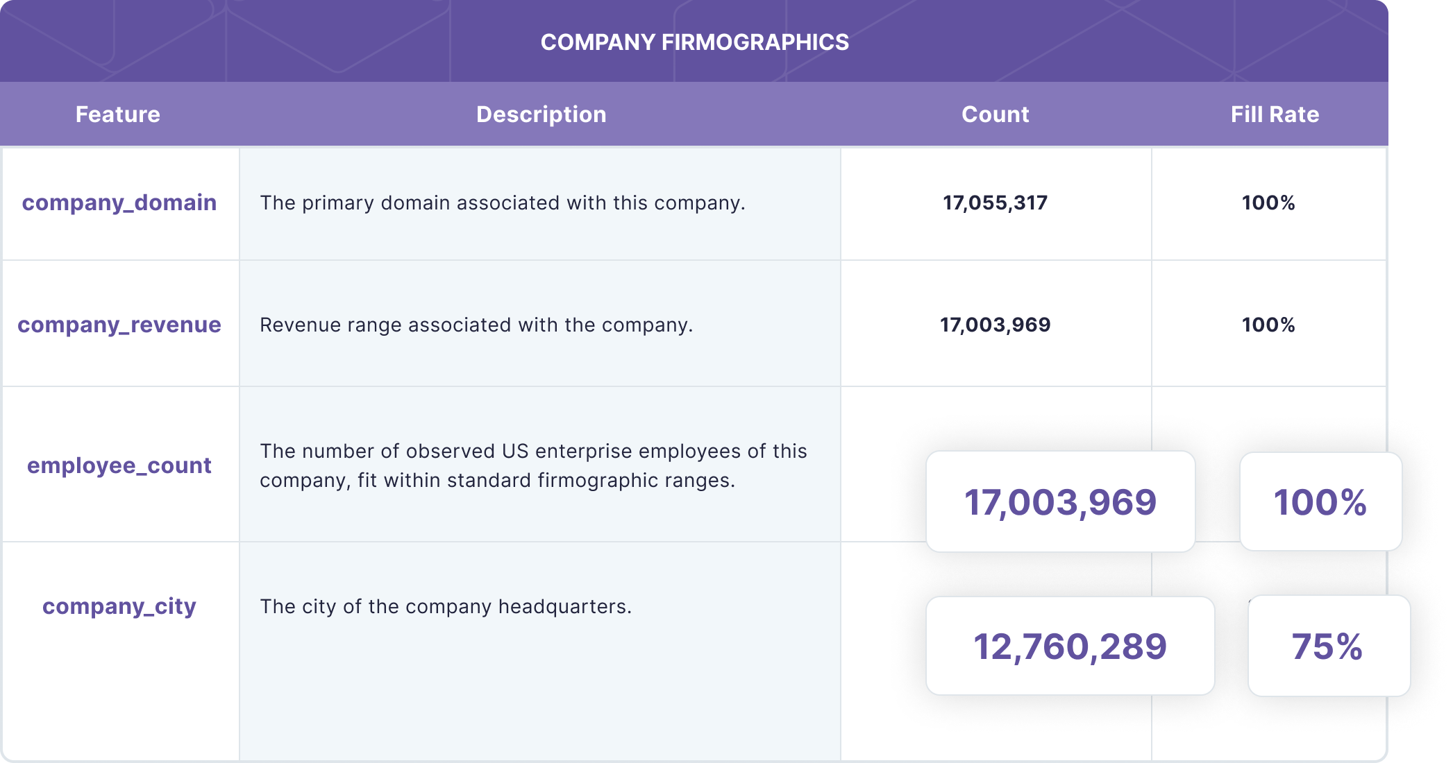 Company Firmographics data product representation